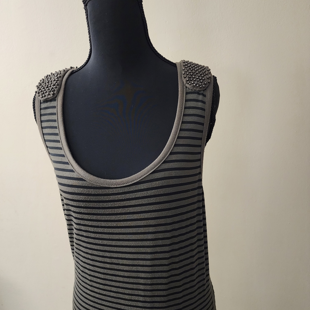 2B.Rych Charcoal and Black Striped Maxi Dress with Embellished Shoulders